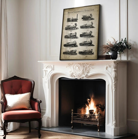 Vintage Steam Locomotive Evolution Poster in living room with fireplace, 8x10 unframed wall art for railfans and home decor