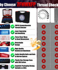 78 Piece Nut And Bolt Thread Checker Set Featuring 41 Sae And 37 Metric Threads No Sweat Pitch Gauge Toolkit For Grease Monkey Mechanics, shown with storage case and detailed features.