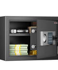 Home Safe Box With 0.6 Cu Ft Stash Space, open showing money, jewelry, documents, handgun storage, digital lock panel.