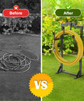 Comparison of tangled hose before vs Black Garden Hose Reel Holder With Four Foot Design Modern Metal Water Hose Hanger Organizer Stand For Yard and Patio Keeps Hoses Tidy Easy To Mount Durable and Sleek Storage Solution neatly coiled after on lawn.