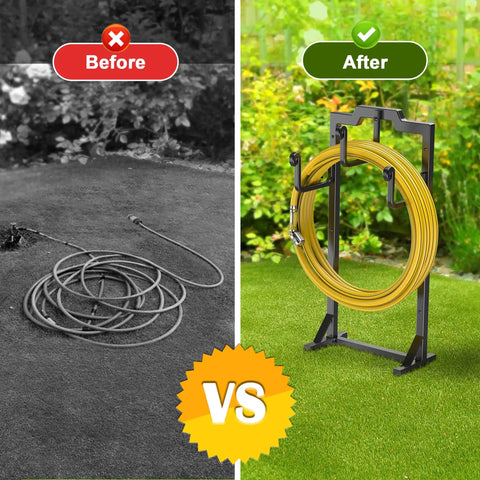 Comparison of tangled hose before vs Black Garden Hose Reel Holder With Four Foot Design Modern Metal Water Hose Hanger Organizer Stand For Yard and Patio Keeps Hoses Tidy Easy To Mount Durable and Sleek Storage Solution neatly coiled after on lawn.