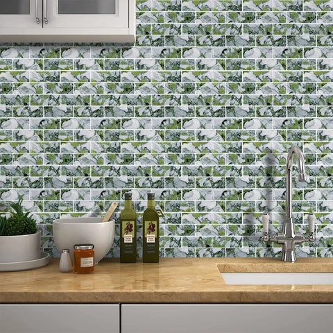 Peel And Stick Subway Tile Backsplash Kit 10 Sheets 13x12 Ice Green Marble Look Kitchen Tiles DIY Friendly Easy Install 3D