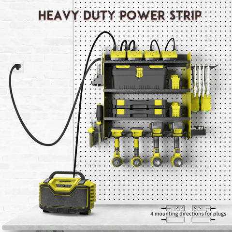 All In One Power Tool Organizer With Charging Station, 4 Layer Drill Holder Wall Mount, Heavy Duty Metal Garage Rack With 8 Outlet Power Strip