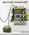 Power Tool Organizer Wall Mount With 5 Layer Shelf Heavy Duty Cordless Tool Rack displayed with tools and chargers on pegboard