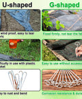 Comparison of U-shaped and Beefy G Shaped 8 Gauge Thickened Galvanized Landscape Staples with usage and durability features.