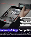 Dual Laser Distance Meter With Bluetooth App Connection in use, linked to a tablet for precise measurements and calculations