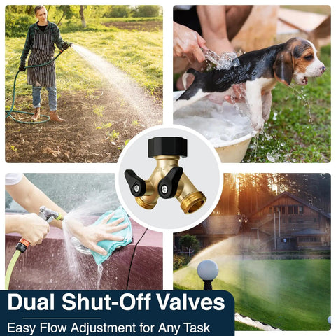 Heavy Duty 2 Way Hose Splitter Premium Brass Y Adapter With Double Shut Off Valve Rust Resistant Finish For Outdoor Faucet Spigot Bib Tap Garden Hose Connector, brass dual shut-off valves