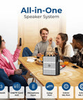 Group of friends enjoying 100W All In One Voice Amplifier With Two Wireless Microphones And Big Pro Sound Portable Bluetooth PA System on a table.