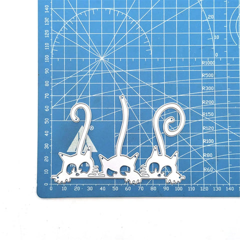 Cat Cutting Die Set For Card Making And Scrapbooking, featuring 3 pack cats 6.7x10.8 CM on grid mat, durable carbon steel dies.