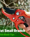Close-up of Ratchet Pruning Shears With 3X Cutting Power Heavy Duty Anvil Pruners cutting small branch, red handle, DGR01 model.