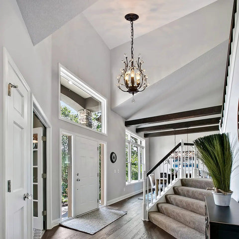 Crystal Branch Chandelier Flush Mount With Vintage Farmhouse Vibe Matte Black 11 Inch Diameter in foyer view