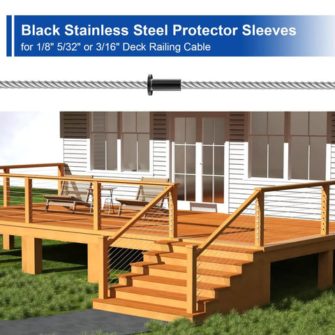 Black Stainless Steel Protector Sleeves for 1/8 5/32 or 3/16 Inch Deck Cable Railing On Wood or Composite Posts Installation