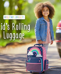 Stephen Joseph kids rolling luggage; front view of pink and navy carry-on with rainbow and clouds