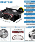 Diagram showing product size and features of Compact All In One Table Saw And Belt Disc Sander Combo That DIYers Love 300W Power.