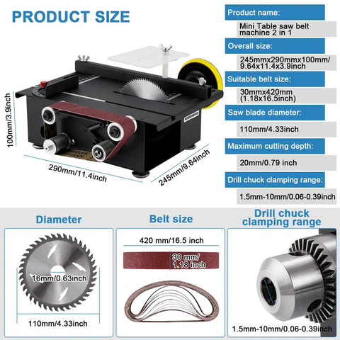 Diagram showing product size and features of Compact All In One Table Saw And Belt Disc Sander Combo That DIYers Love 300W Power.