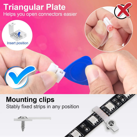 Hands demonstrating LED Strip Connector Kit For 10mm 4 Pin 5050 RGB LED Lights Solderless Adapter with mounting clips.