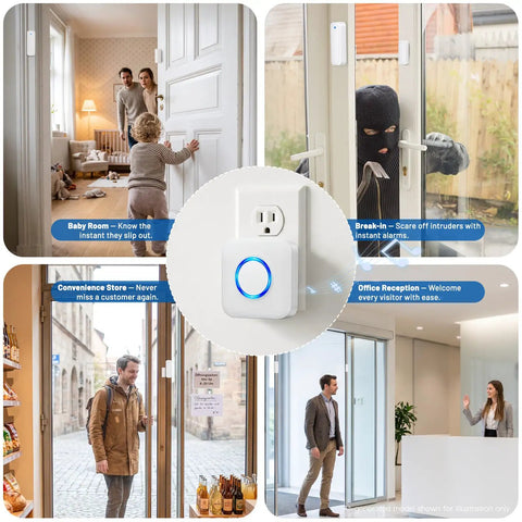 Wireless Door Sensor Alarm Chime For Home And Biz, Instant Door Open Alerts, Ideal For Toddler Safety And Dementia Care, Easy Setup For House Store Office Security, Peace Of Mind on white door and window frames