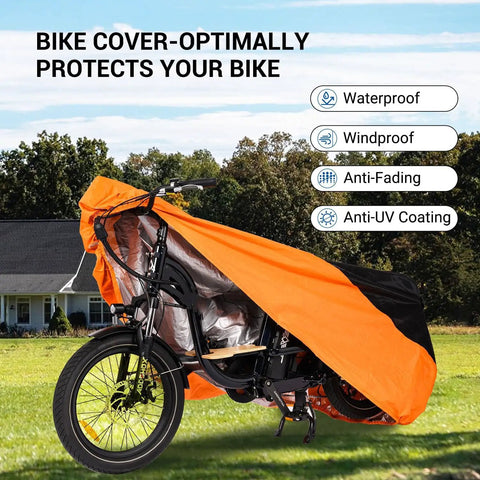 All Weather Tricycle Cover For Three Wheel E Bike And Standard Bikes, Beefy Heavy Duty Waterproof 210D Windproof Outdoor Storage, Fits One To Two Bicycles, 90.5 by 37.4 by 49.2 Inches, Orange on three-wheel bike outdoors