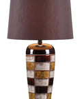 Torino Table Lamp With Ceramic Multicolor Squares Finish, Earth Tone Checkerboard Pattern, Brown Tapered Drum Shade, 30 Inch Height