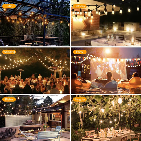 Collage showcasing uses of 24 Feet Led Outdoor String Lights Black, 2200K Warm Cafe Glow at patio, balcony, wedding, party, bistro, pergola.