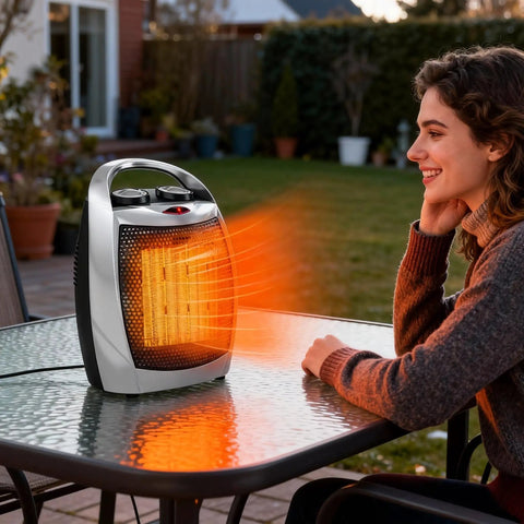 2-In-1 Space Heater With Fan, 1500W High And 750W Low, Fast Heat Or Cool Breeze, used outdoors on table, silver finish