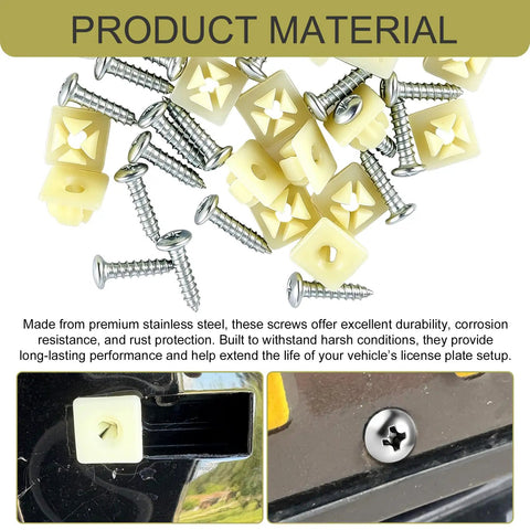 Top Shelf Heavy Duty License Plate Fastener Kit Featuring 20 Pcs Rust Resistant Stainless Steel Screws And No Sweat Nylon Screw Inserts Universal Car Truck Mount screws and nylon inserts for license plates.