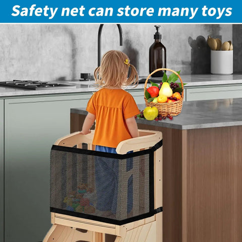 Double Layer Safety Net For Toddler Standing Tower And Foldable Learning Step Stool with child playing and toys inside net.
