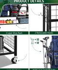 Four Golf Bag Storage Organizer Stand with extra large golf bag rack, showing shoe rack, hooks, lockable casters, and golf club slots