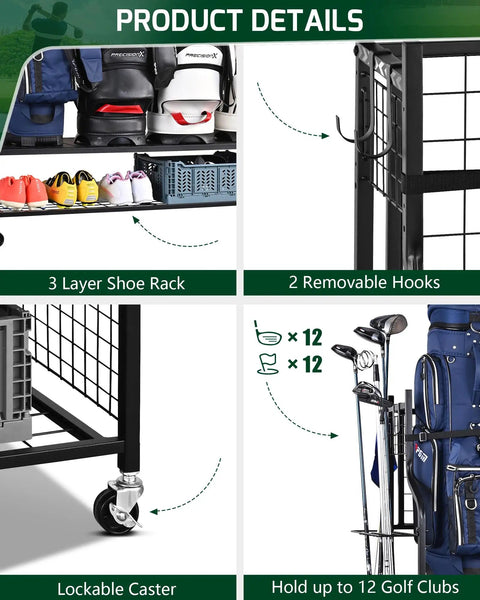 Four Golf Bag Storage Organizer Stand with extra large golf bag rack, showing shoe rack, hooks, lockable casters, and golf club slots