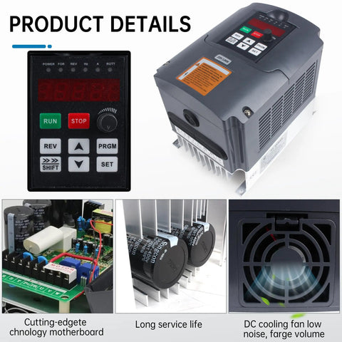 Variable Frequency Drive 220V 3KW 4HP Inverter For CNC Spindle Motor Speed Control details showing control panel and components