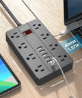 Ten Foot Extension Cord Power Strip With Eight Widely Spaced Outlets And Six USB Ports Including One USB C Flat Plug