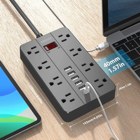Ten Foot Extension Cord Power Strip With Eight Widely Spaced Outlets And Six USB Ports Including One USB C Flat Plug