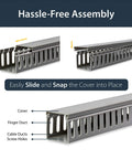2x2in Open Slot Cable Raceway Duct With Cover For Server Racks shown with sliding cover mechanism and screw holes for assembly.