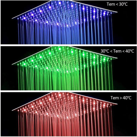 16 Inch LED Square Rain Shower Head With High Pressure Stainless Steel Bath Shower Ultra Thin Rainfall Shower Head Silicone Nozzle And Powerful Spray Performance With 3 Adjustable Settings, illuminating in blue, green, and red based on temperature.