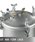 Heavy Duty Gallon Pressure Paint Tank With Dual Hose Spray Gun For Drip Free Smooth Coverage On Decks Fences Exterior Walls And Wooden Furniture Kill Weekend DIY Jobs Like A Pro close-up of tank top with firm lock and connections.