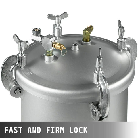 Heavy Duty Gallon Pressure Paint Tank With Dual Hose Spray Gun For Drip Free Smooth Coverage On Decks Fences Exterior Walls And Wooden Furniture Kill Weekend DIY Jobs Like A Pro close-up of tank top with firm lock and connections.