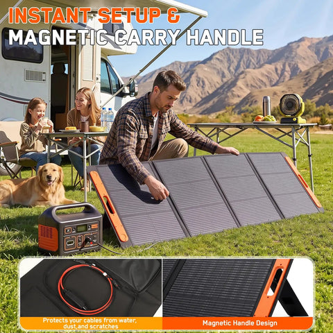 Camping setup with 200W Portable Solar Panel Foldable Charger With ETFE Laminate For Outdoors Built For Camping And RV Life