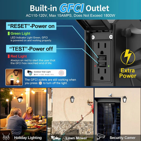 Infographic of Three Color Switchable LED Porch Light With GFCI Outlet And Dusk To Dawn Sensor For Outdoor Wall Use No Bulb Needed.