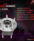 Rear Wheel Hub Bearing Assembly For Chevy Malibu 2004 To 2012 Cobalt 2008 To 2010 HHR 2008 To 2010 Classic 2004 To 2005 Pontiac G6 2005 To 2010 Saturn Aura 2007 To 2009 Five Lug One Piece Replacement Direct Fit shown with dimensions and part number 512285