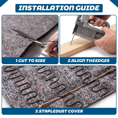 Installation guide for Kick Sag To The Curb With This Boss Level Spring Repair Kit featuring cutting, aligning, and stapling steps.