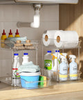 Slick Clear Under Sink Organizers And Storage Bins 2 Pack With High Low Design For Bathroom Cabinet Decluttering Pantry Organization Legit Space Savers That Slide Easy with cleaning supplies and towels.