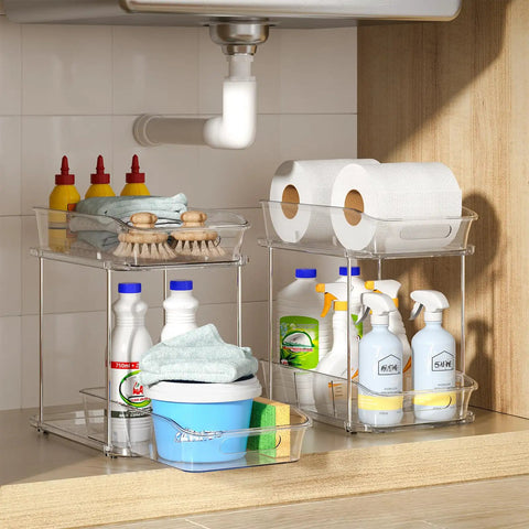 Slick Clear Under Sink Organizers And Storage Bins 2 Pack With High Low Design For Bathroom Cabinet Decluttering Pantry Organization Legit Space Savers That Slide Easy with cleaning supplies and towels.