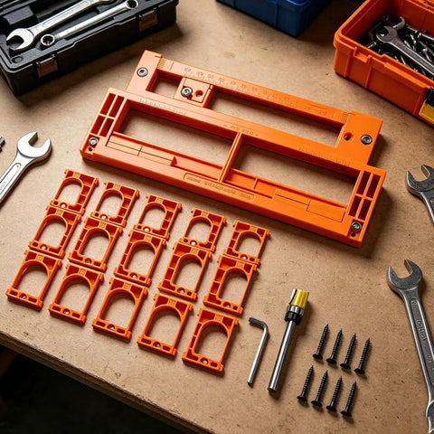 Adjustable Invisible Hinge Router Guide Template Reusable Cabinet Mortise Jig offering precision, includes orange molds and tools on workbench.