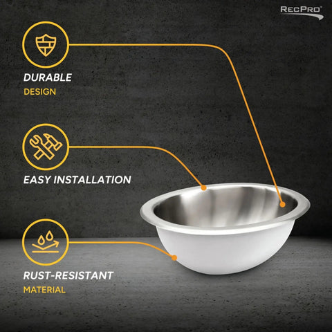 Stainless Steel RV Oval Sink With Single Bowl 10x13 Inch, 1.5 Inch Drain, highlighting durable, rust-resistant design.