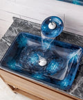 Sharp Blue Tempered Glass Vessel Bathroom Sink With Smooth Countertop Basin And Sweet Art Design For Zero Stress Cleaning, water flowing.