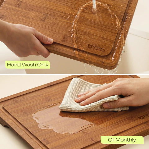 Top Shelf Wooden Cutting Boards For Kitchen Meal Prep And Serving With Deep Juice Groove and Sturdy Handles shown being washed with water.