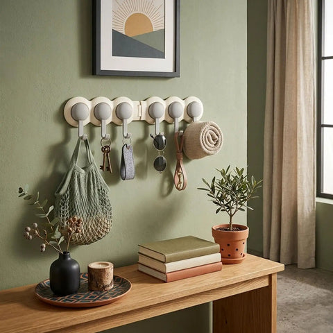 Compact Heavy Duty Six Hook Adhesive Wall Rack With Smooth 180 Degree Swivel for keys and towels on a green wall.