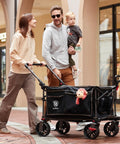 Family using Folding Push Wagon With Brakes, Portable Collapsible Shopping Cart on all terrain big wheels with adjustable handle outdoors