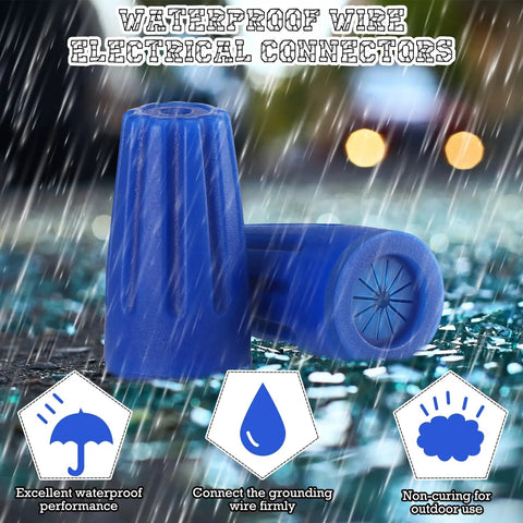 150 Pcs Waterproof Wire Connectors Outdoor Splice Terminals For 22 To 12 AWG Cable Wire Blue shown in rainy weather.