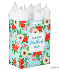 Back of Extra Large Mothers Day Gift Bag With Tissue Paper In Bright Blue Featuring Red Roses And Green Foliage Perfect For Mom Grandma